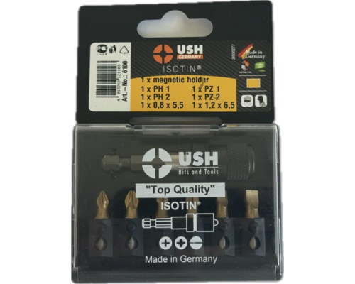 Набір насадок викруткових Isotin USH: 1/4", PH1, PH2, PZ1, PZ2, SL5.5, SL6.5 магнітний тримач, 7 ел.