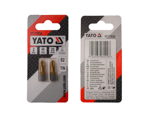 Отверточная насадка YATO PZ2 х 25 мм. HEX 1/4", покрытая титаном, 2 шт.