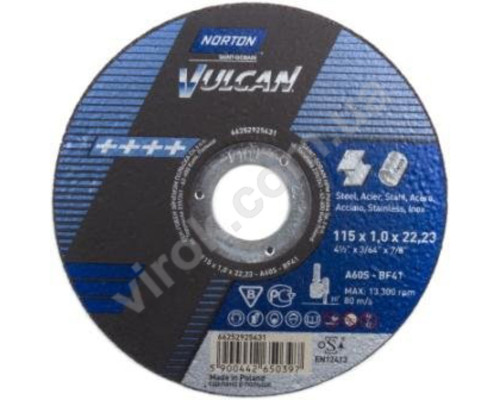 Диск відрізний по металу і нержав. сталі тм "NORTON VULCAN"; Ø= 115х22,2 мм, t= 1,0 мм