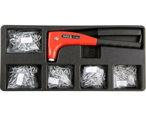 Вклад в инструментальный шкаф YATO; заклепник ручной для Ø= 2.4, 3.2, 4, 4.8 мм и 250 алюмин заклеп