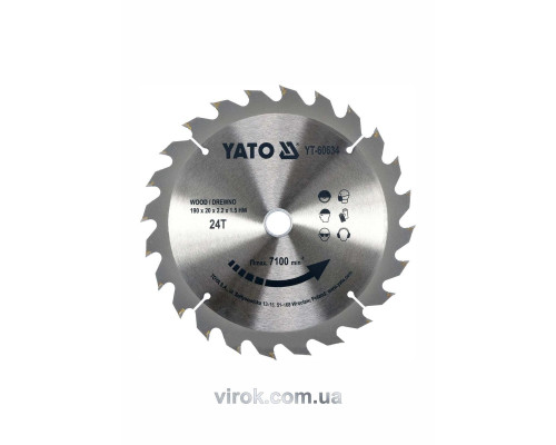Диск пиляльний победітовий по дереву YATO: 190х20x2.2x1.5 мм, 24 зубці, R.P.M. до 7100 1/хв [10]