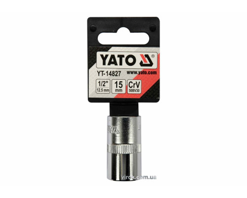 Головка торцева YATO : квадрат 1/2", SPLINE M15 мм, L= 38 мм. CrV [Блістер] [10/200]