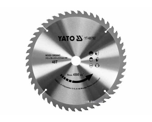 Диск пиляльний победітовий по дереву YATO: 315х30х3.5х2.5 мм, 48 зубців, R.P.M до 4500 1/хв [10]