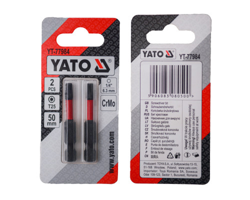Отверточная насадка YATO TORX T25 х 50 мм. HEX 1/4”, хром-молибден, 2 шт.