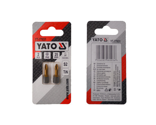 Насадка викруткова YATO PH2 х 25 мм. HEX 1/4", покрита титаном, 2 шт.