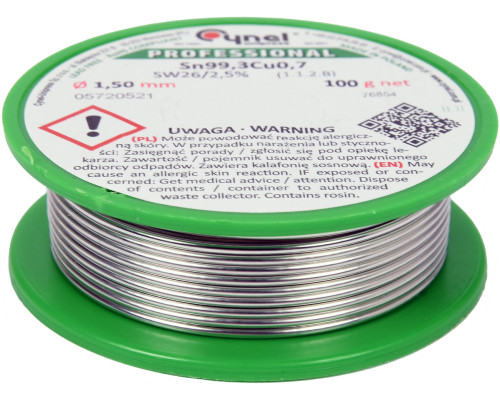 Припій без свинцю CYNEL : Ø1,5 мм, Sn99,3-Cu0,7 дротяний на котушці з флюсом m= 100 г [30]