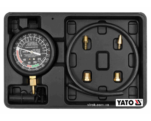 Тестер для измерения вакуума и компрессии YATO: 0-0.1 МПа, со снаряжением, 9 шт+кейс [10]