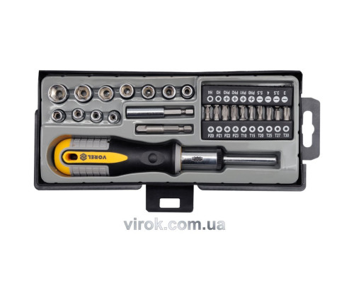 Викрутка реверсивна VOREL : тріщатка, 21 насадки, адаптер, тримач, Cr-V [кейс]. Набір 36 Од. [6/24]