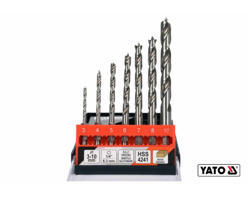Свердла по дереву спіральні YATO: Ø3, 4, 5, 6, 7, 8, 10 мм, хвостовик- HEX 1/4", HSS 4241, 7 шт [20]