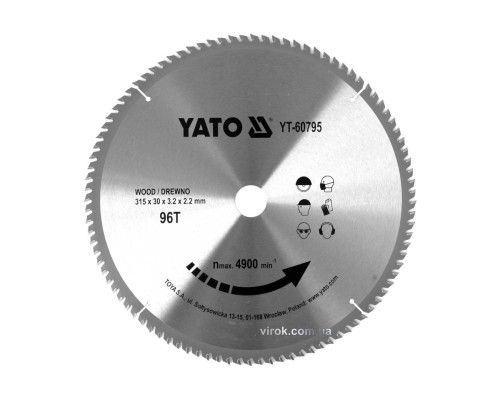 Диск пиляльний победітовий по дереву YATO: 315x30x3.2x2.2 мм, 96 зубців, R.P.M до 4900 1/хв [10]