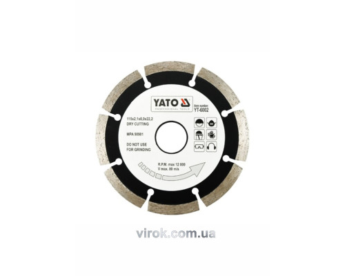 Диск алмазний сегмент YATO : "SEGMENT" Ø= 115x8,0x22,2 мм. H= 2,1 мм [20/200]