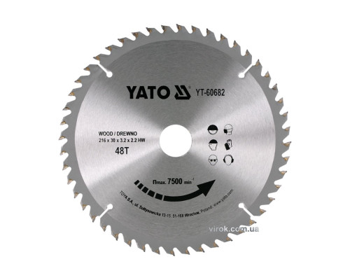 Диск пиляльний победітовий по дереву YATO: 216х30х3.2х2.2 мм, 48 зубців, R.P.M до 7500 1/хв [10/20]