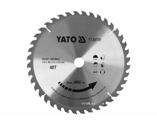 Диск пиляльний победітовий по дереву YATO: 315x30x3.2x2.2 мм, 40 зубців, R.P.M до 4900 1/хв [10]